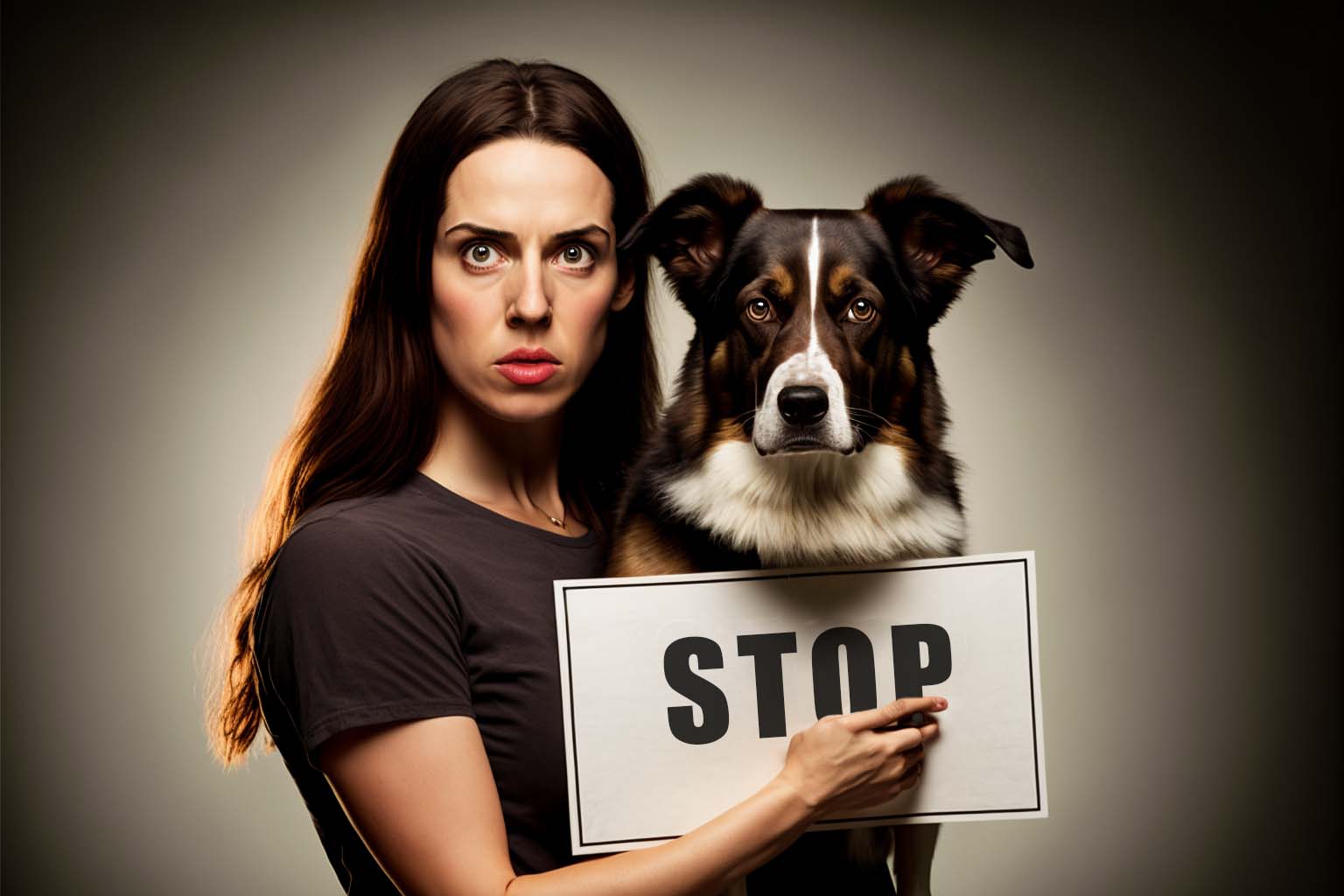 Woman holding a sign with her dog that says stop