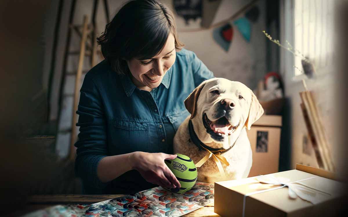 Woman wrapping up dog toy for Christmas with her dog