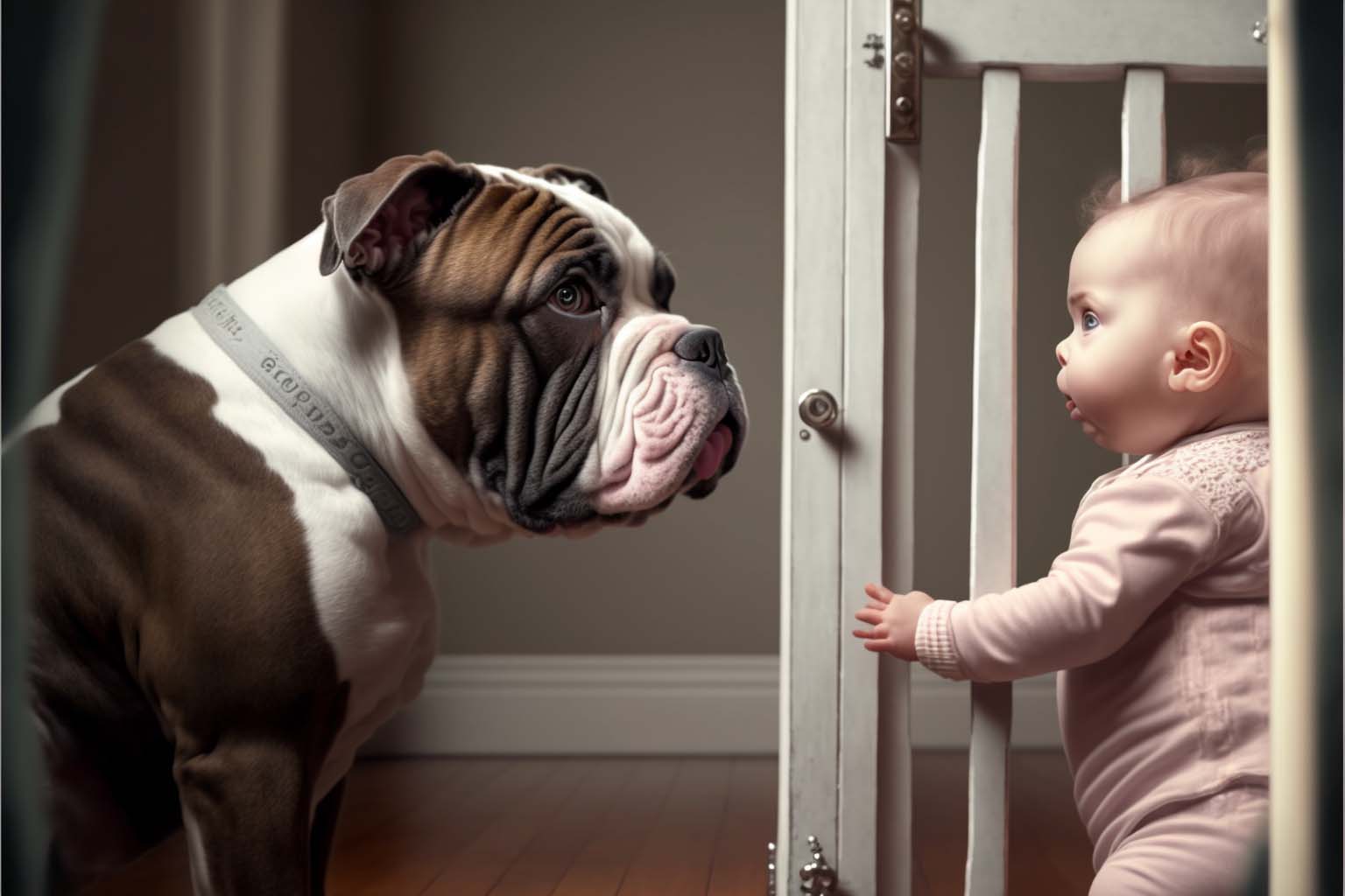 Worried dog with baby and gate