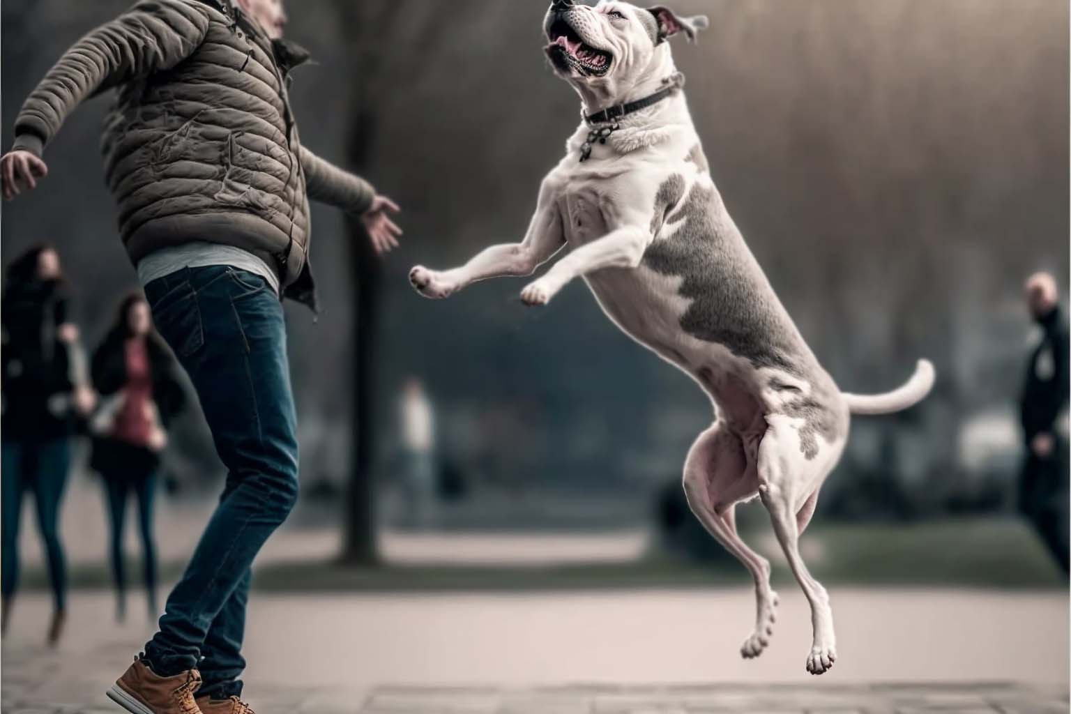 Dog jumping up toward a person