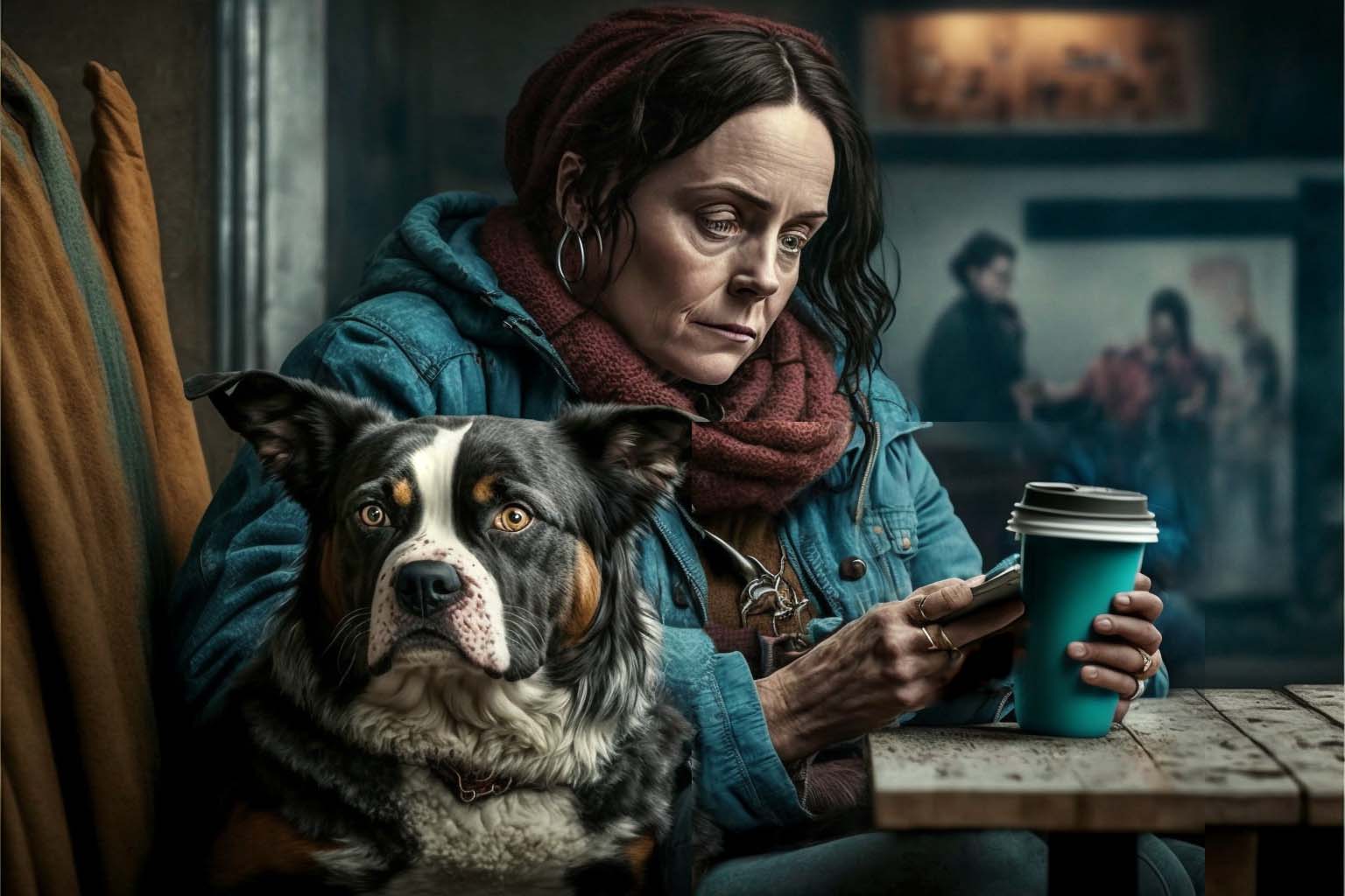 Illustration of woman on phone with dog