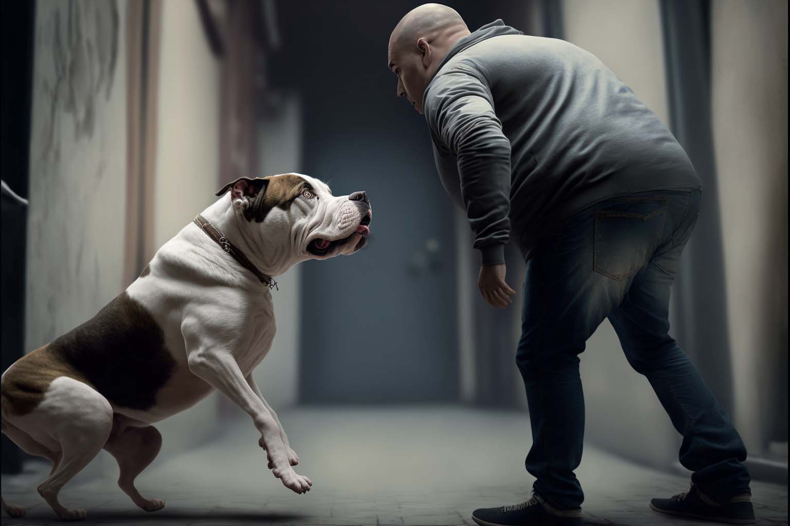 Illustration of man taunting a dog who is about to lunge at man