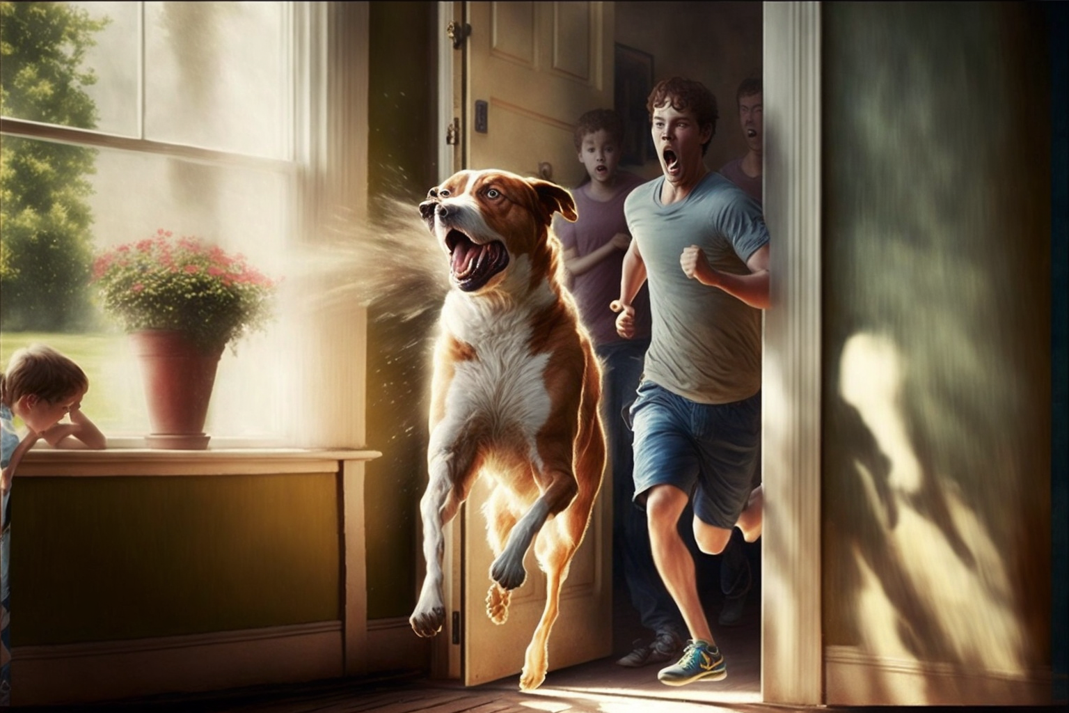 Barking dog and shouting kids mid-action illustration