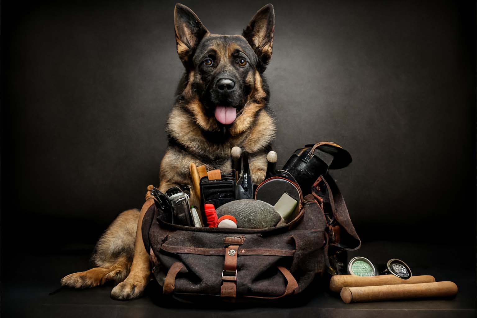 Dog with bag of dog tools