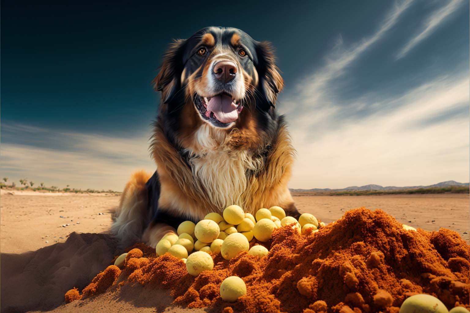 Happy dog on a beach with balls in sand