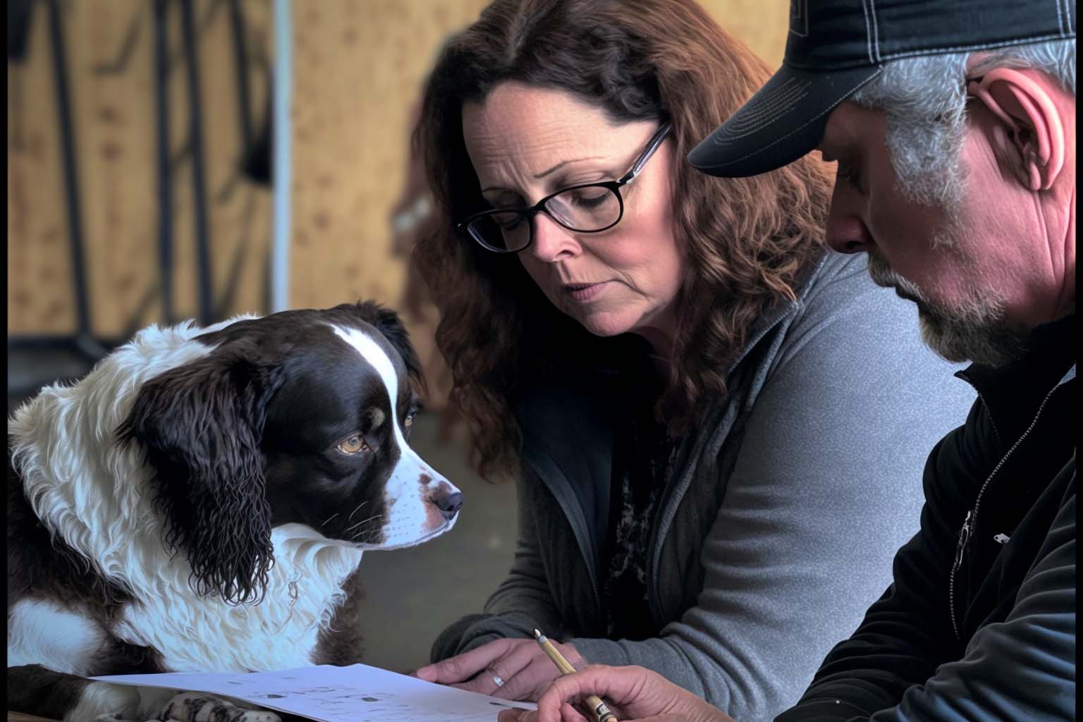 Couple looking at paperwork while dog looks on