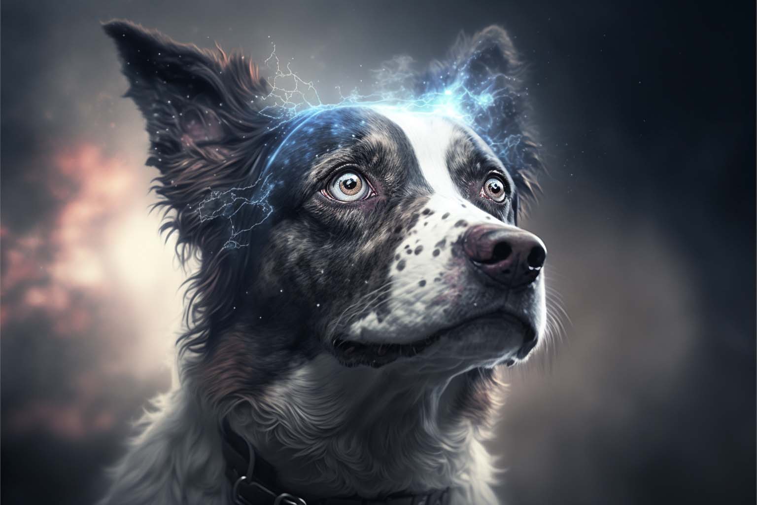 Worried dog with electical activity around his head illustration