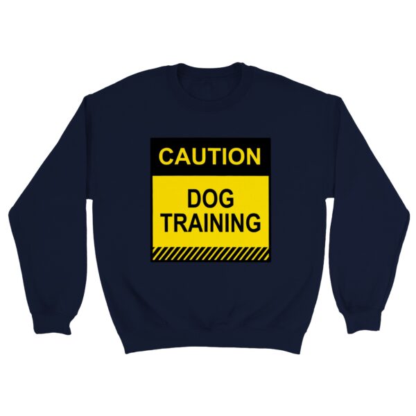 Black sweatshirt reading "Cautions: Dog Training" worn during dog training