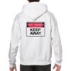 Back of white hoodie reading hoodie reading "Dog Training, Keep Away" in red, white and black letters worn during dog training