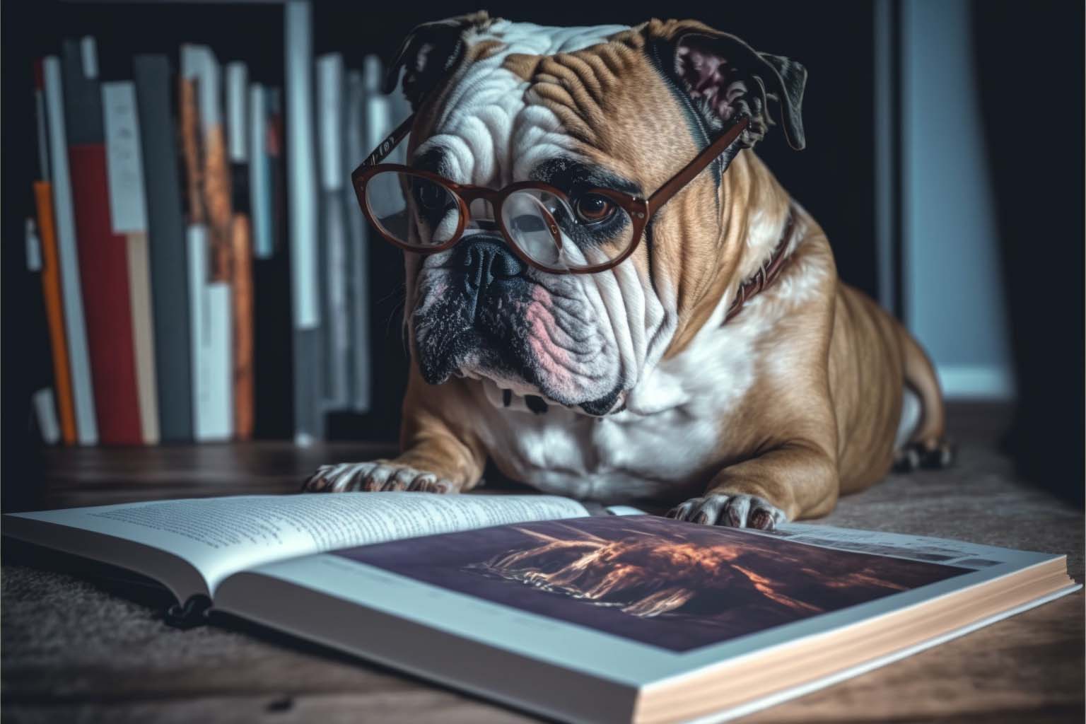 Dog wearing glasses reading illustration