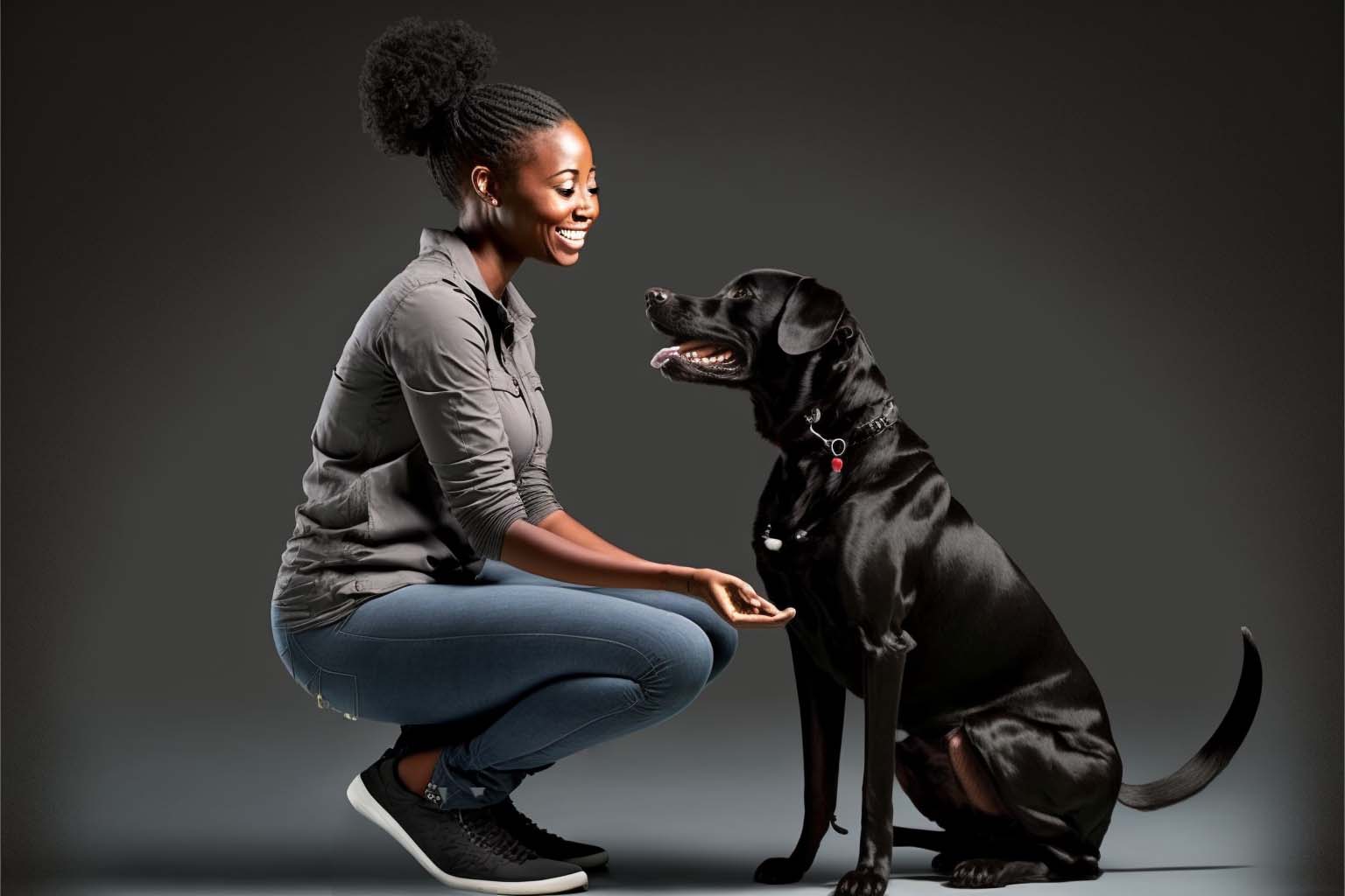 Woman happily training her dog
