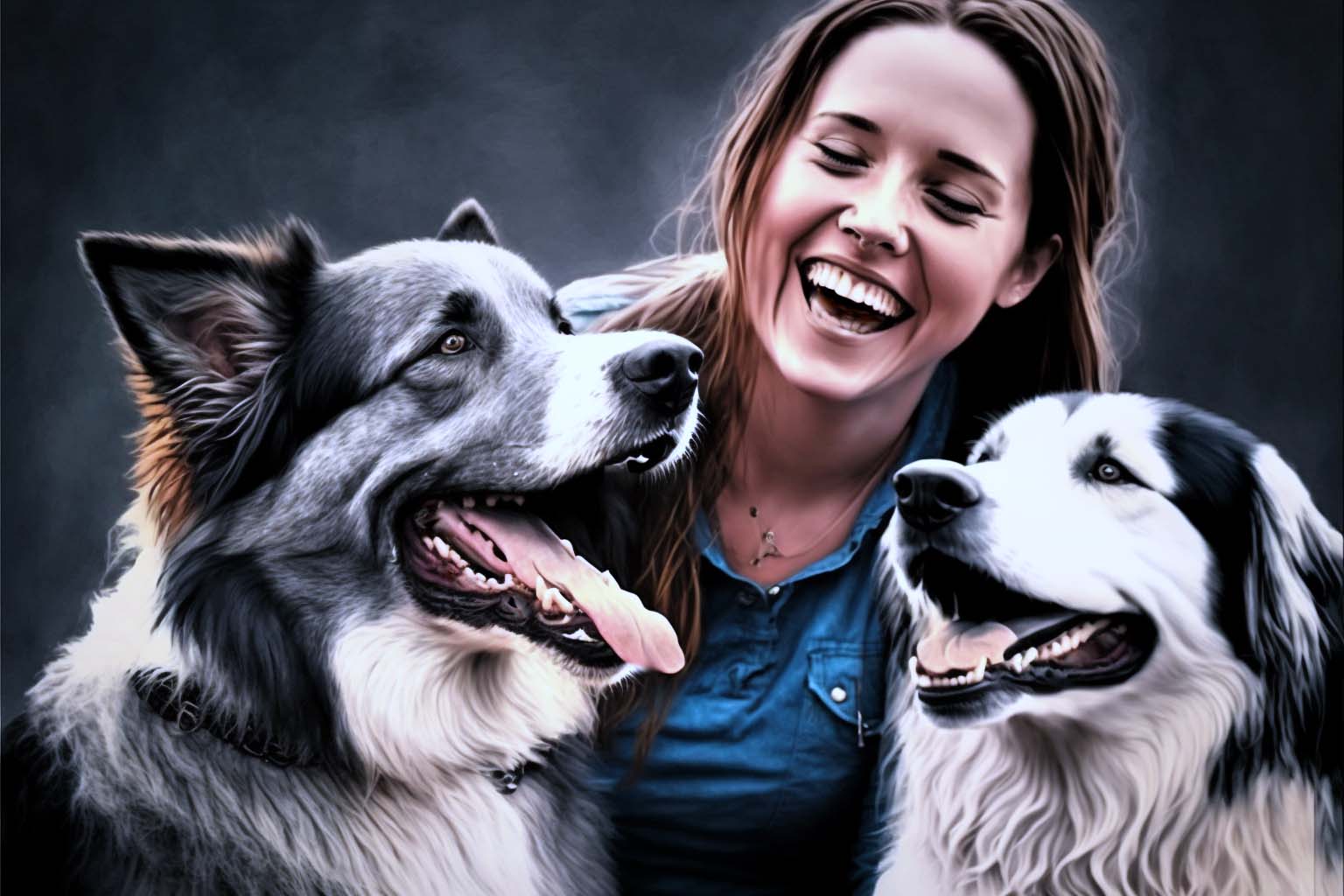 Woman laughing with her two dogs