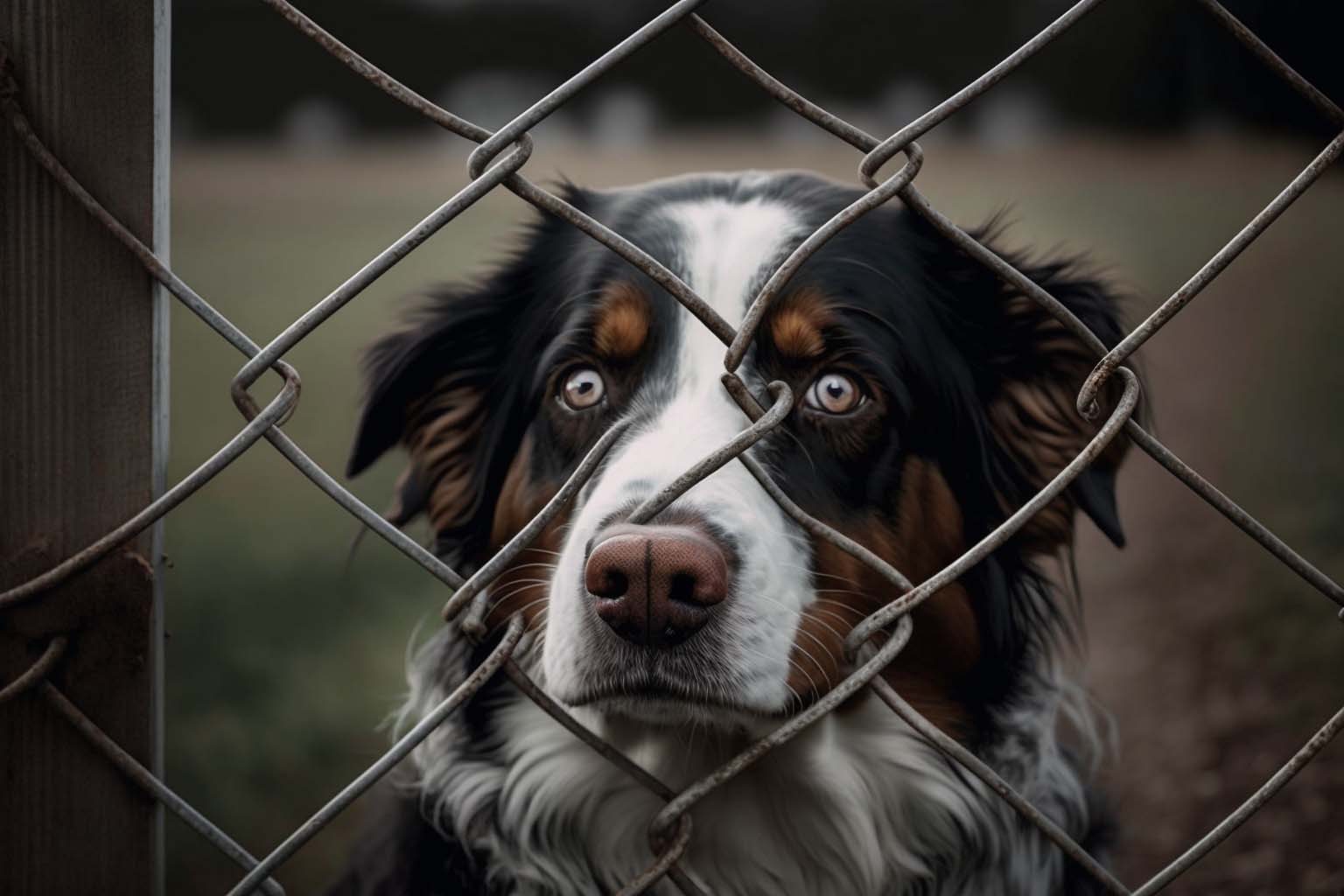 Anxious dog behind chain link fence