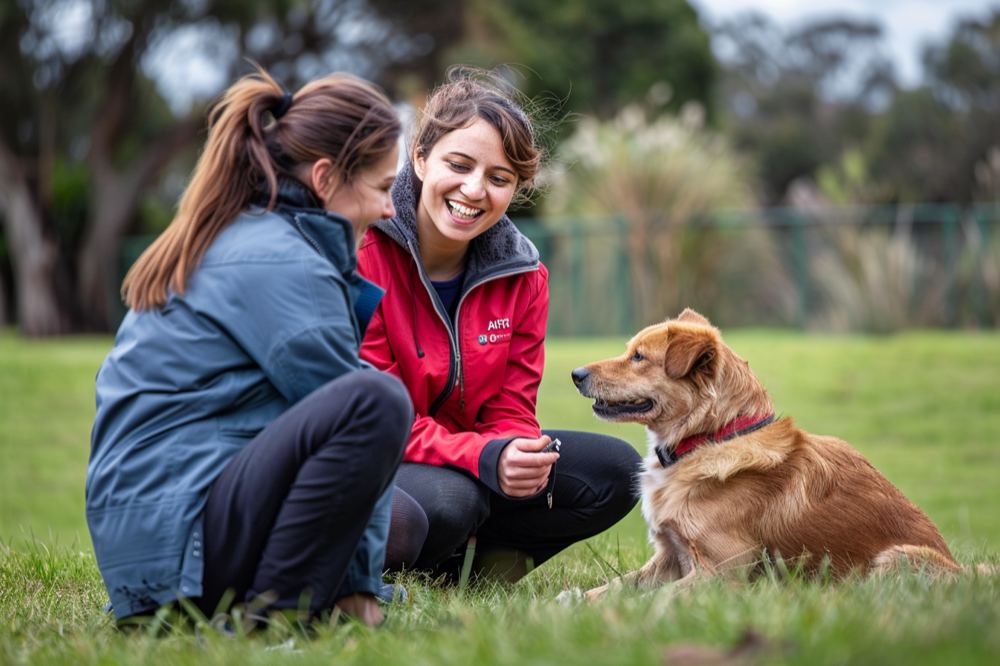 A dog trainer showing a women how to train her dog